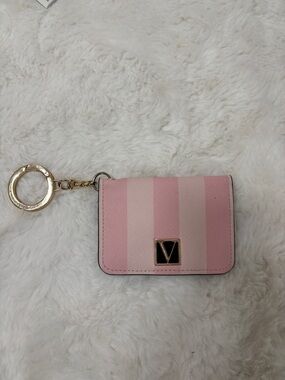Victoria's Secret Pink Striped Wristlet Card Case with Gold V Charm Wallet